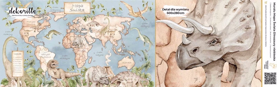 Próbka muralu Mapa Świata Dinozaury niebieska