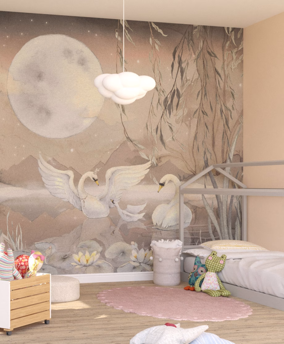 Brązowy mural Dekorillo z łabędziem i księżycem – tapeta Mermaid Lake w aranżacji pokoju dziewczynki