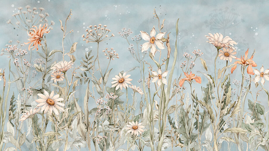 Sample mural wallpaper Field Flowers Retro baby blue